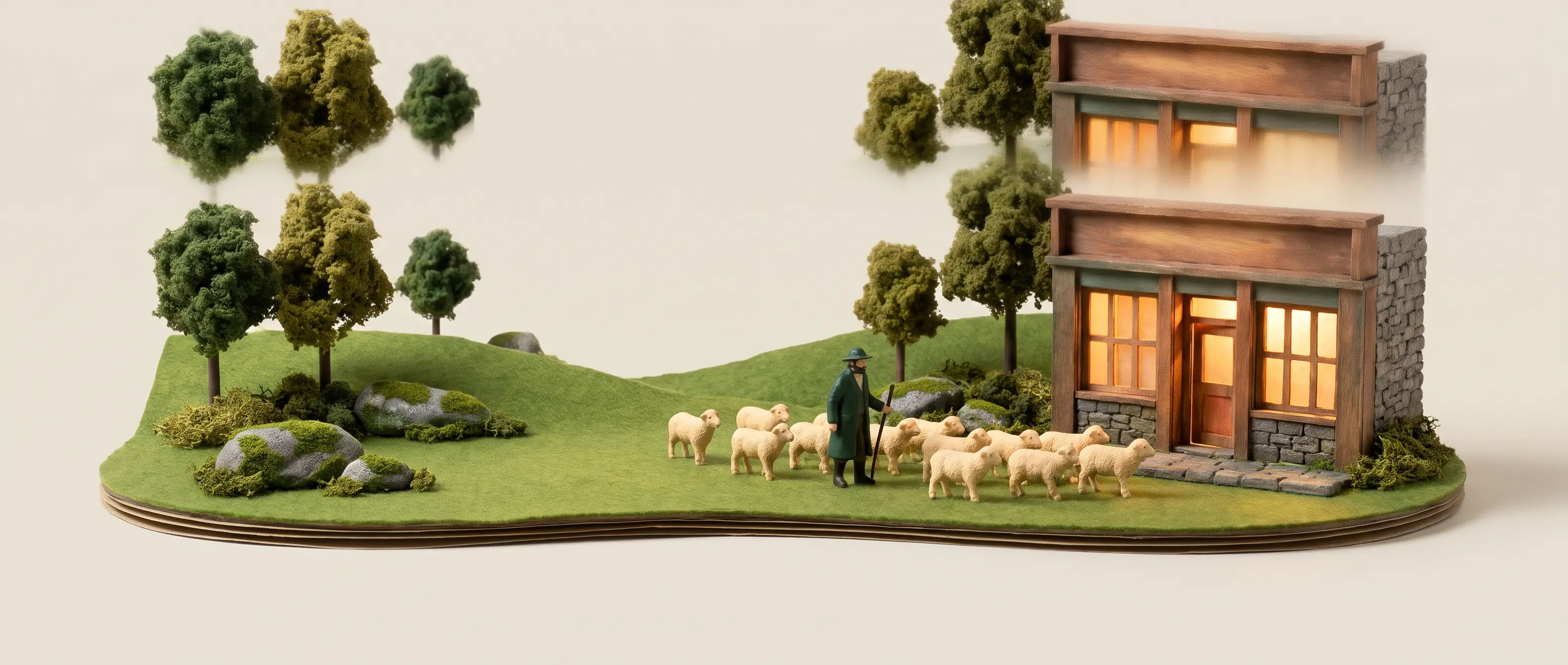 A shepherd guiding a flock of sheep across a pasture toward a lit storefront