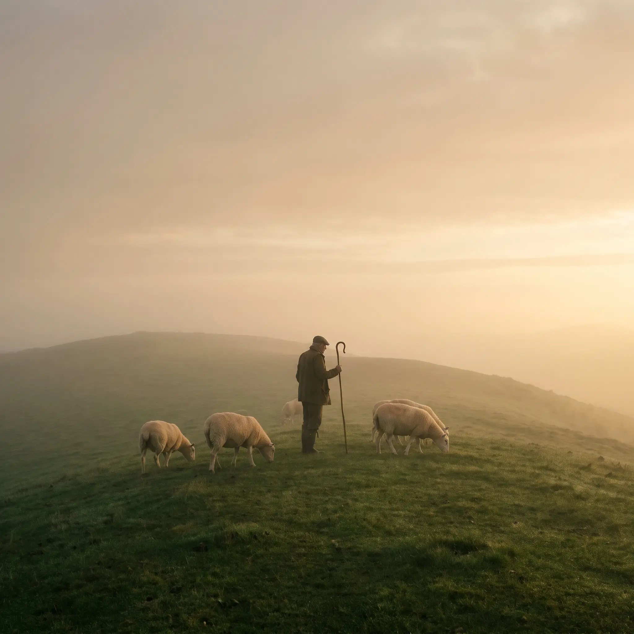A shepherd on a misty hill at dawn