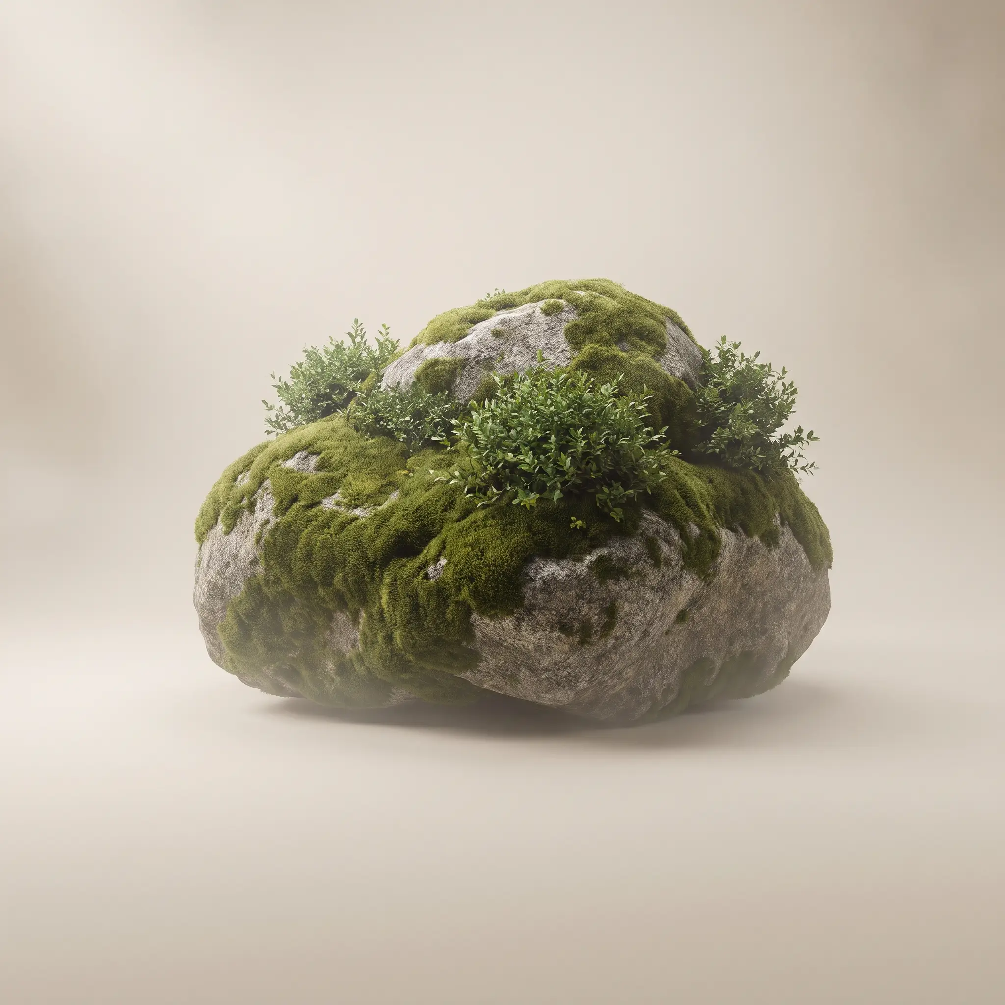 A mossy boulder in soft beige fog