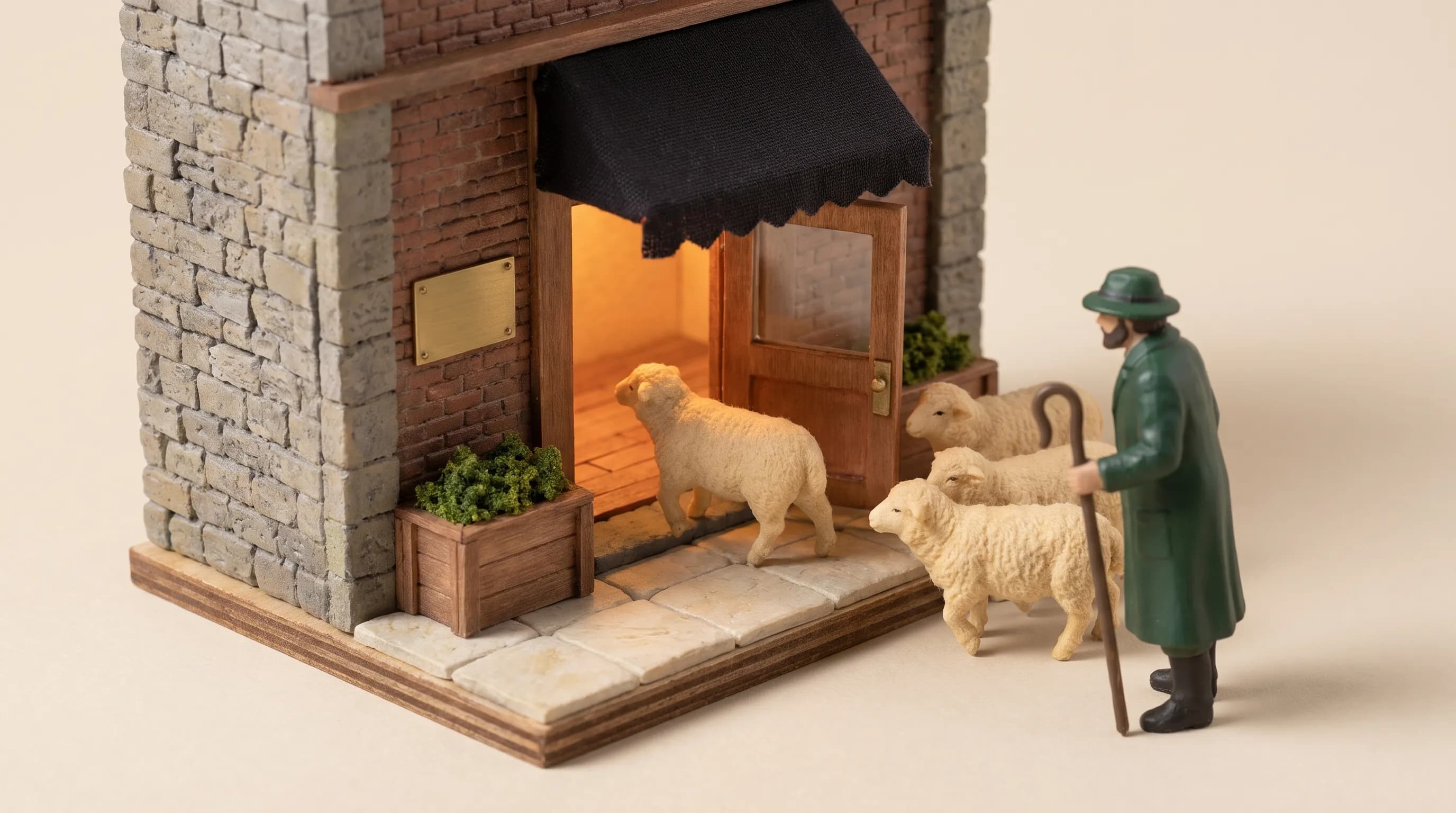 A clay storefront with its door open and the lights on